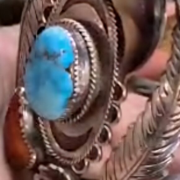 Navajo sterling silver cuff bracelet turquoise, coral, a bear claw, and feather - Picture 6 of 11